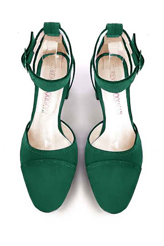 Emerald green women's open side shoes, with a strap around the ankle. Round toe. Medium flare heels. Top view - Florence KOOIJMAN